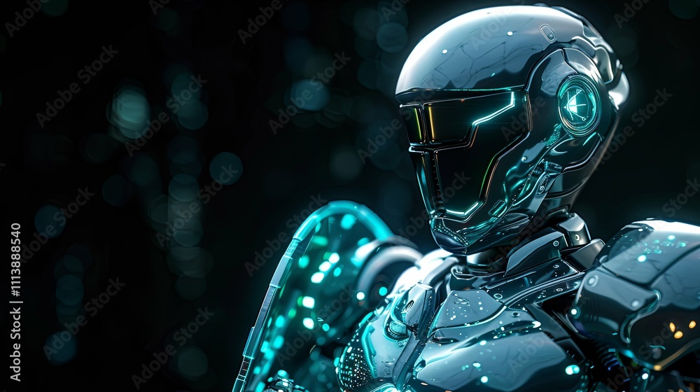 Futuristic Cyborg Warrior with Energy Shield, Glowing Teal Accents Futuristic Cyborg Warrior with Energy Shield, Glowing Teal Accents