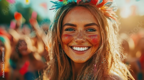 A beaming woman adorned with glittery makeup and colorful headwear, enjoying the lively atmosphere at an outdoor festival, embodying joy and freedom.