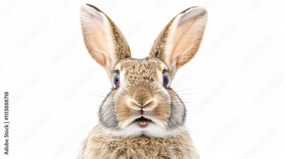 Fototapeta premium Portrait of a Surprised Rabbit: Close-up, isolated on a white background.