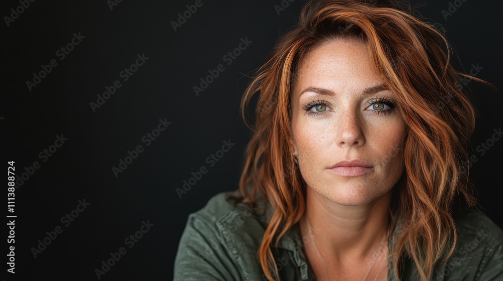 A serious expression is captured on the face of a red-haired woman wearing a green shirt, set against a dark background that accentuates her intensity and focus. A serious expression is captured on the face of a red-haired woman wearing a green shirt, set against a dark background that accentuates her intensity and focus.