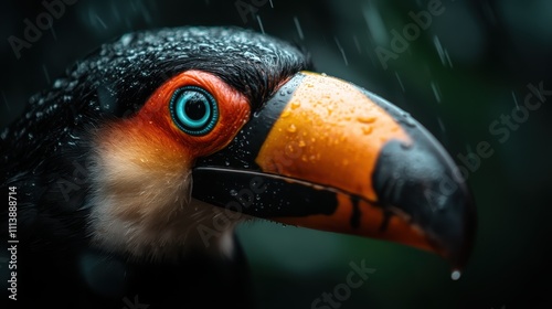 A vivid close-up image of a toucan with vibrant colors, raindrops accentuating its beak, set in a lush rainforest environment with high detail and realism. photo