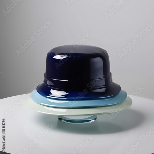 Glass sculpture of a bucket hat with glossy gradient navy blue to aqua finish, detailed sculpting of wide brim and rounded crown, modern craftsmanship against light gray background, generative ai photo