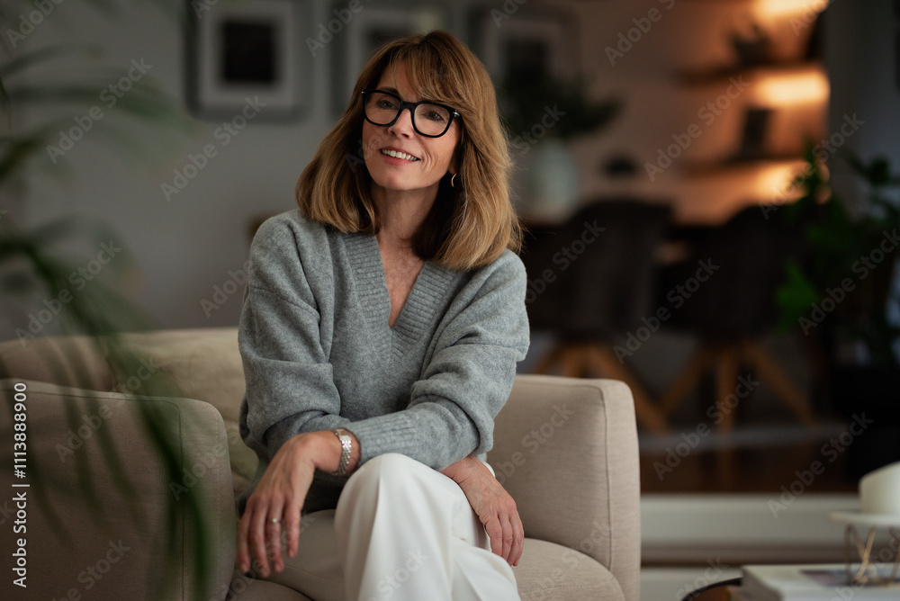 Obraz premium Portrait of smiling woman sitting in an armchair