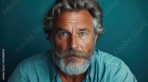 A distinguished older man with a thick beard and blue eyes gazes confidently into the camera, wearing a light blue shirt against a blue backdrop. photo