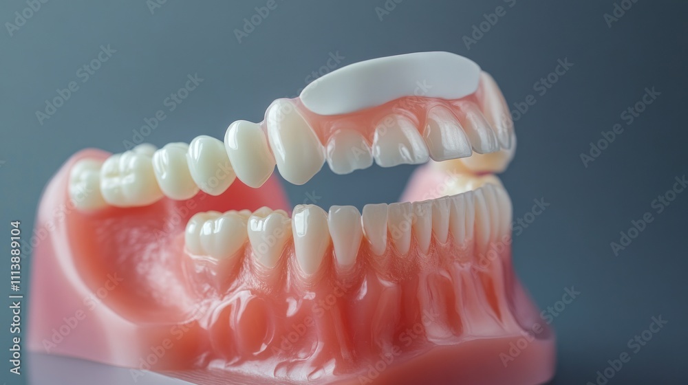 Obraz premium Dental Model: Close-up View of a Partial Denture with Porcelain Teeth on a Pink Gum Model, Illustrating Dental Prosthetics and Restoration Techniques