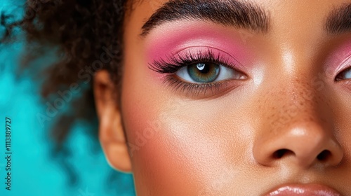 A creative close-up of a model's eye with bold pink eyeshadow set against a teal background, emphasizing contrast and modern beauty trends. photo