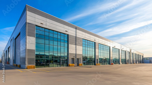 Modern warehouse exterior with glass windows under clear sky