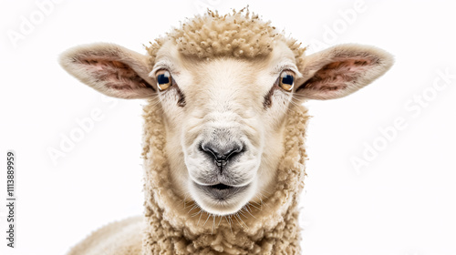 Portrait of a Surprised Sheep: Close-up, isolated on a white background.