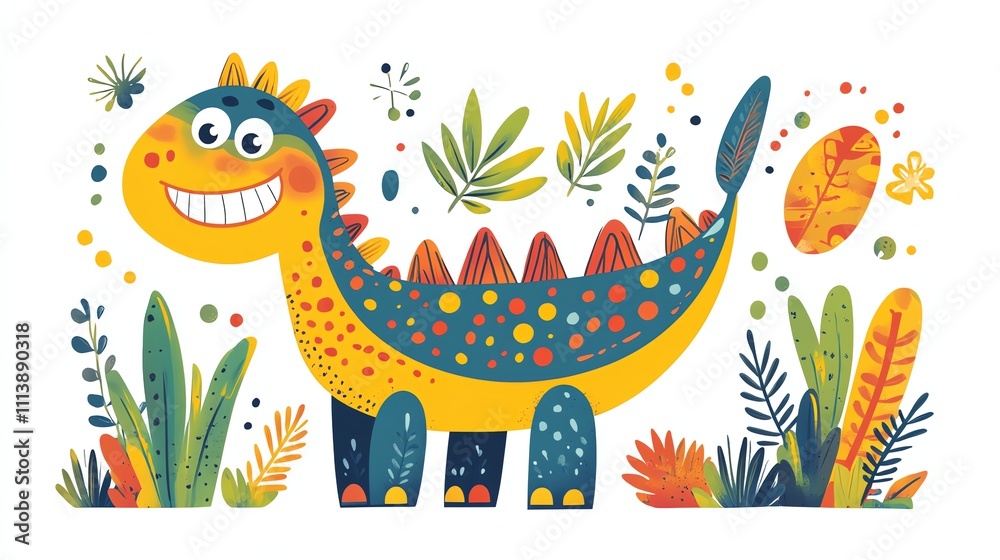 Obraz premium A colorful illustration of a smiling dinosaur standing in a jungle.