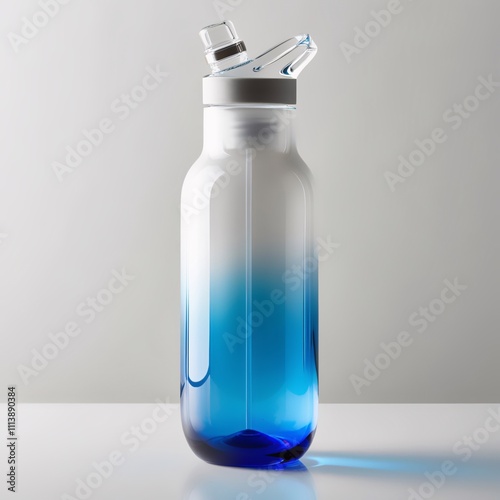 Glass sculpture of smart water bottle with glossy finish, gradient blue to white body, frosted cap and sensors against gray background, generative ai