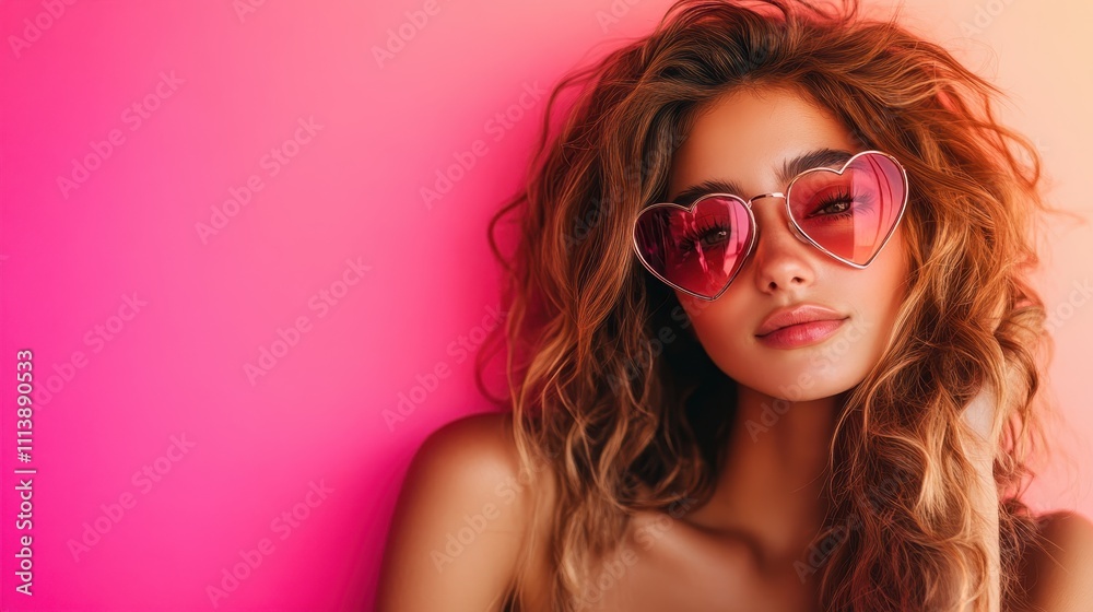 A fashionable portrait of a woman showcasing heart-shaped pink sunglasses with voluminous wavy hair, set against a vibrant gradient pink background, radiating a carefree vibe. A fashionable portrait of a woman showcasing heart-shaped pink sunglasses with voluminous wavy hair, set against a vibrant gradient pink background, radiating a carefree vibe.
