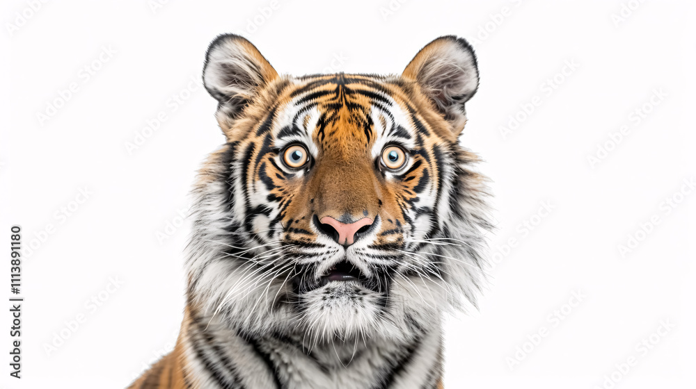 Fototapeta premium Portrait of a Surprised Tiger: Close-up, isolated on a white background.
