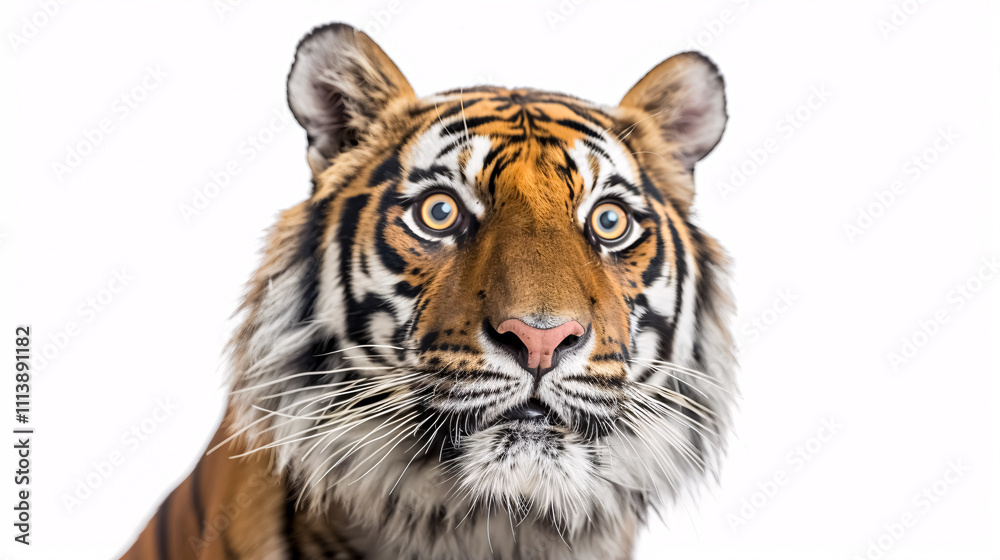 Portrait of a Surprised Tiger: Close-up, isolated on a white background. Portrait of a Surprised Tiger: Close-up, isolated on a white background.