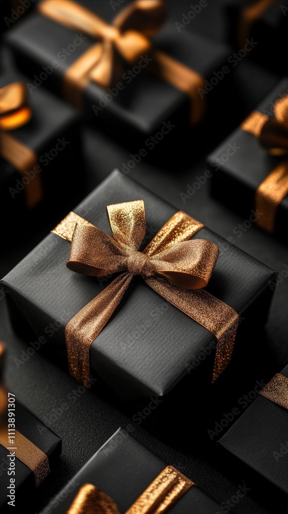 Elegant black gift boxes with golden ribbons Elegant black gift boxes with golden ribbons