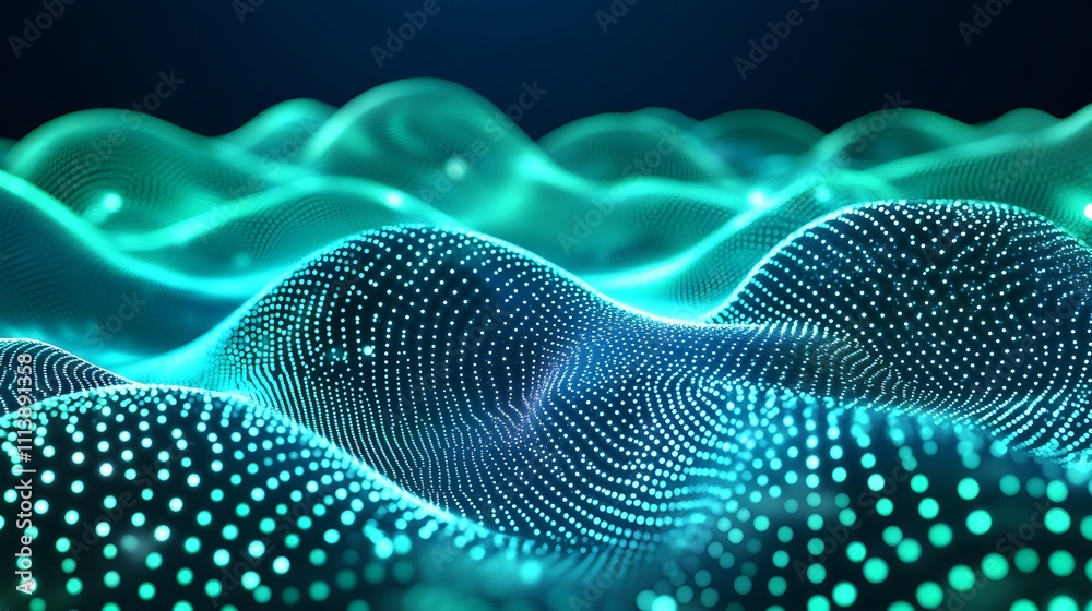 Abstract Digital Landscape with Flowing Waves of Particles in Vibrant Blue and Green Tones Abstract Digital Landscape with Flowing Waves of Particles in Vibrant Blue and Green Tones