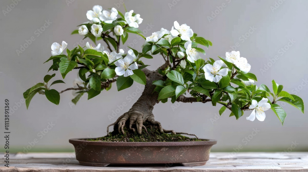 A beautifully arranged bonsai tree with white flowers, showcasing nature's artistry. A beautifully arranged bonsai tree with white flowers, showcasing nature's artistry.