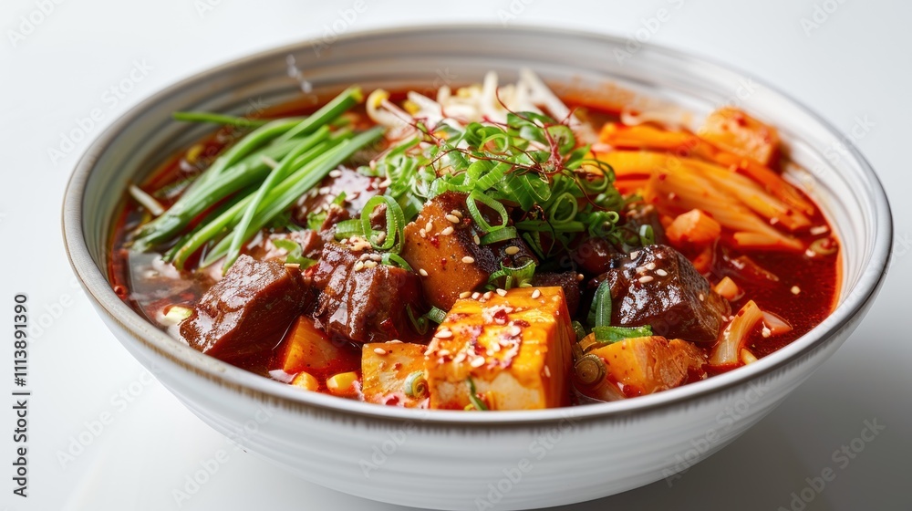 A bowl of spicy beef and tofu noodle soup garnished with green onions and sesame seeds. A bowl of spicy beef and tofu noodle soup garnished with green onions and sesame seeds.