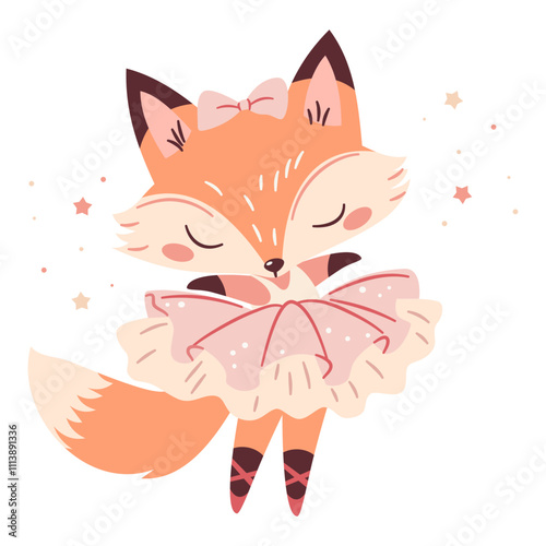 Flat vector illustration in a simple childish style. Cute fox ballerina dancing ballet, baby fox in cute pink tutu dress. Vector illustration