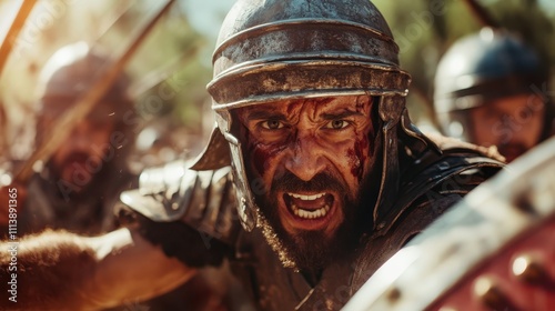 Impression of a determined warrior with a helmet during a ferocious standoff in a Roman battlefield, capturing the essence of aggression, focus, and bravery. photo