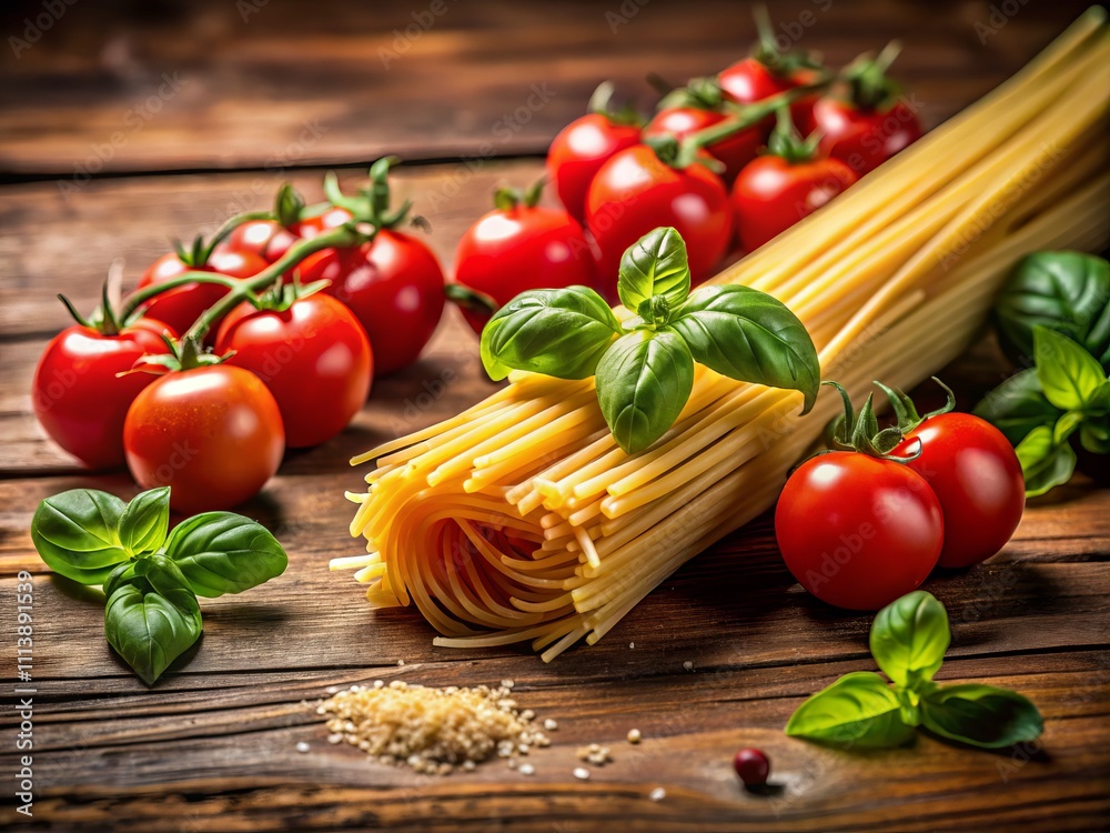 Rustic Italian Cuisine: Raw Spaghetti Pasta with Fresh Tomatoes and Basil on a Wooden Kitchen Surface for National Pasta Day Celebration Rustic Italian Cuisine: Raw Spaghetti Pasta with Fresh Tomatoes and Basil on a Wooden Kitchen Surface for National Pasta Day Celebration
