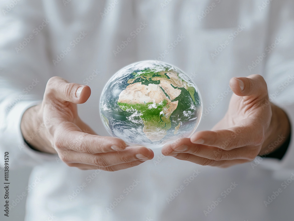 person holding transparent globe depicting Earth, symbolizing care for planet. image conveys sense of responsibility and environmental awareness person holding transparent globe depicting Earth, symbolizing care for planet. image conveys sense of responsibility and environmental awareness