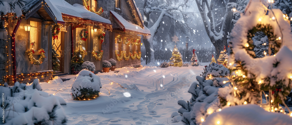 Obraz premium A snowy village home, its garden filled with Christmas lights and glowing decorations.