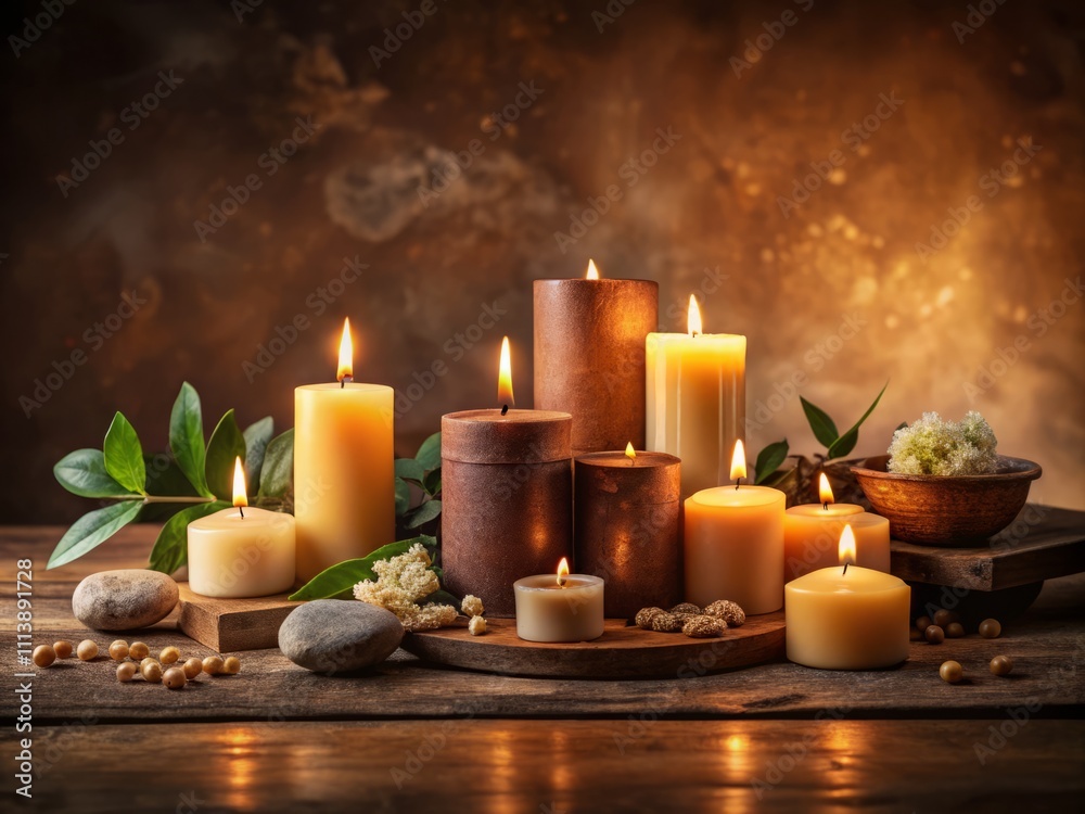 Obraz premium Serene Ambiance of Aromatic Candles in Low Light Setting with Copyspace for Relaxation and Meditation