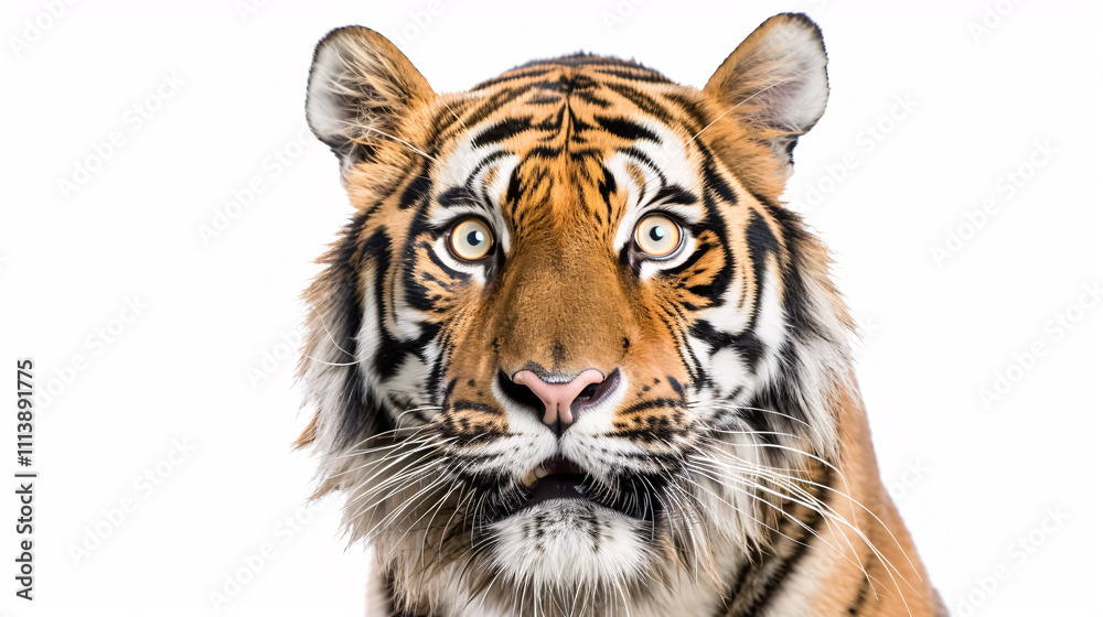 Portrait of a Surprised Tiger: Close-up, isolated on a white background. Portrait of a Surprised Tiger: Close-up, isolated on a white background.