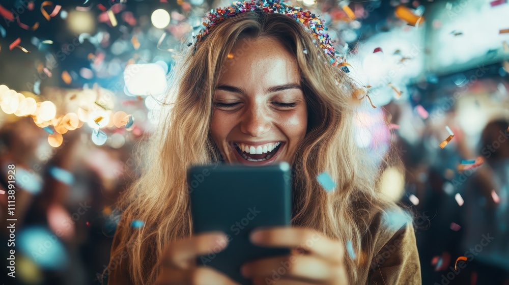 A happy woman with long hair, wearing a headband, smiles broadly at her phone while surrounded by colorful confetti at a festive celebration in an outdoor setting.