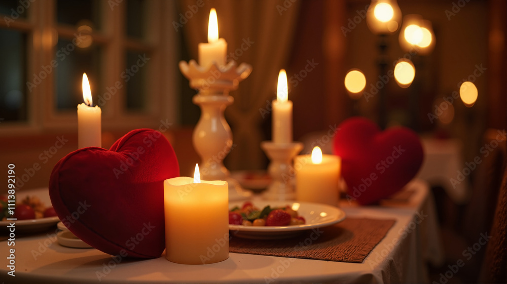 Romantic dinner table with candles, hearts, and a soft warm light Romantic dinner table with candles, hearts, and a soft warm light