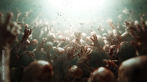A grotesque array of zombie hands stretches toward an unseen source, evoking panic and desperation in a dynamic, contemporary horror-themed setting of chaos.