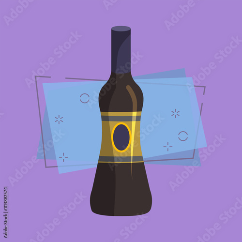 Wine cartoon illustration. Liqueur, balm, dark bottle with blank label. Alcohol concept. Vector illustration can be used for topics like bar menu, liquor store, wine house