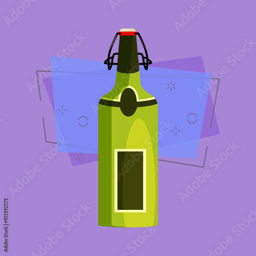 Wine cartoon illustration. Light green bottle with blank label and opener on cork. Alcohol concept. Vector illustration can be used for topics like bar menu, winery, wine house