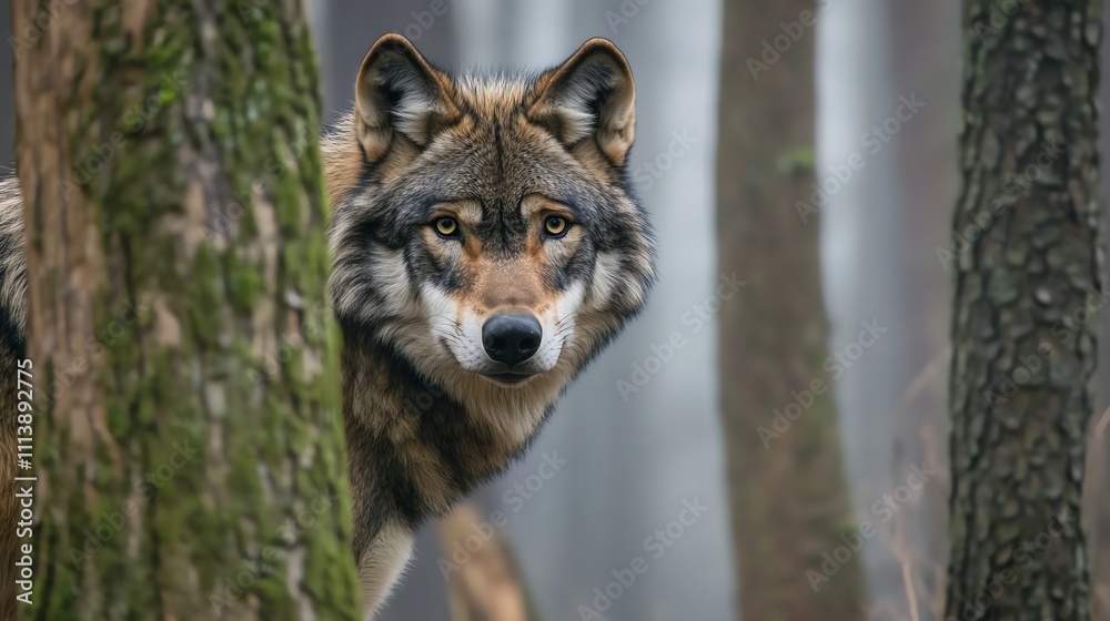 Fototapeta premium A wolf in the woods staring intently at the camera.