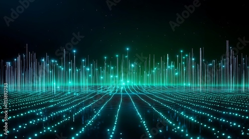 Abstract Digital Landscape with Glowing Lines and Dots in Vibrant Green and Blue Colors