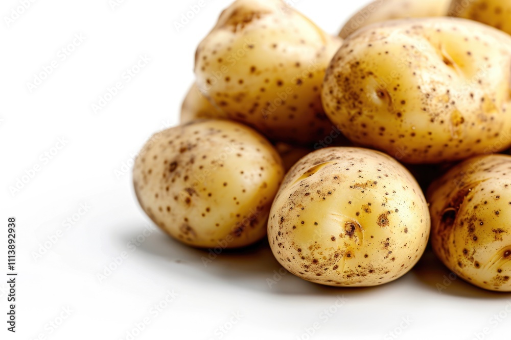 Close up of potatoes on white background.