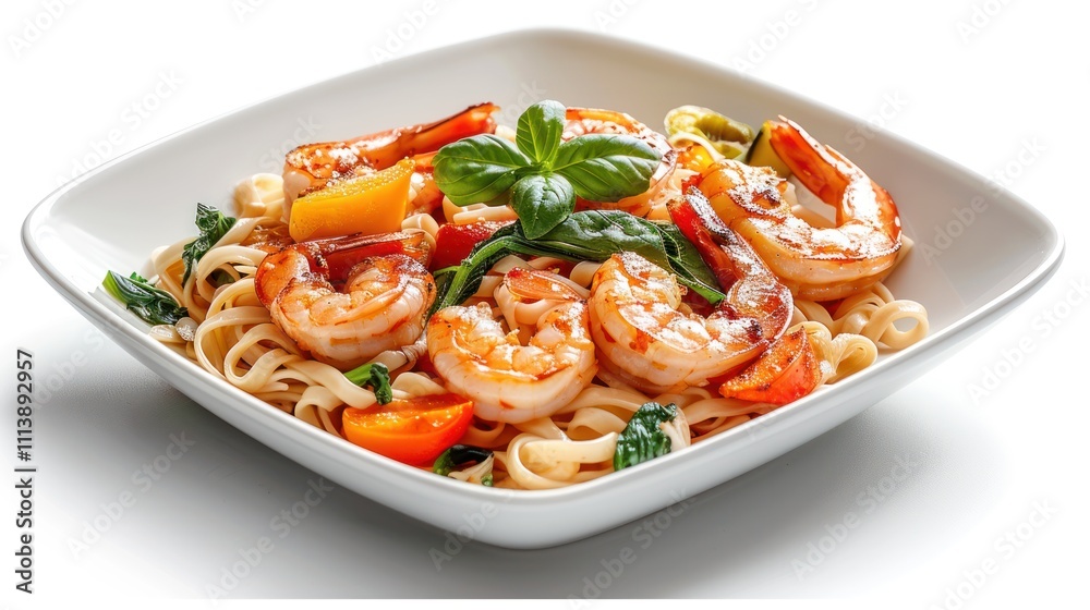 A delicious plate of shrimp pasta garnished with vegetables and basil. A delicious plate of shrimp pasta garnished with vegetables and basil.