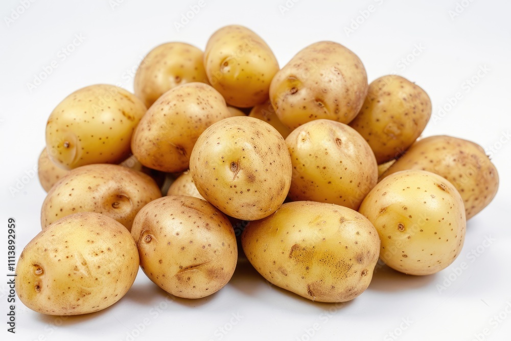 Close up of potatoes on white background.