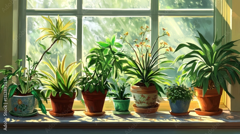 Sunlit Windowsill With A Collection Of Houseplants Sunlit Windowsill With A Collection Of Houseplants