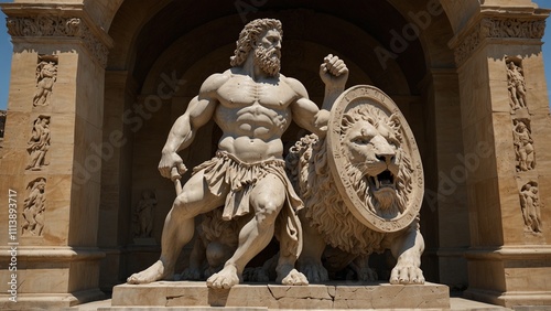 Statue of Heracles, holding a giant lion skin shield, set against a tense battlefield, with courage and fearlessness symbols carved on the base.