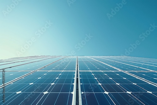 Solar panels installed on a modern roof against a clear blue sky photo