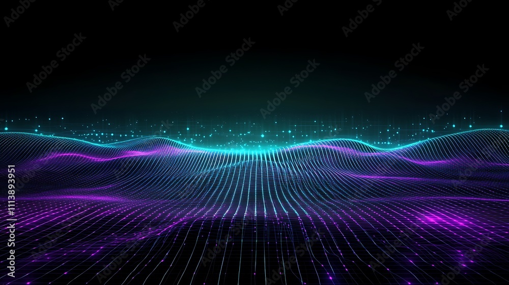Abstract digital landscape with glowing waves and particles in vibrant purple and turquoise hues on dark background Abstract digital landscape with glowing waves and particles in vibrant purple and turquoise hues on dark background