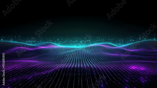 Abstract digital landscape with glowing waves and particles in vibrant purple and turquoise hues on dark background