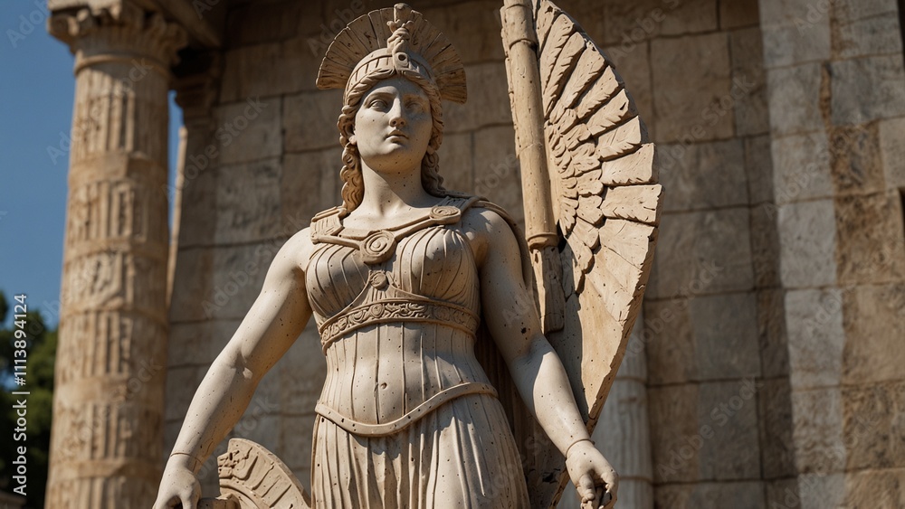 Obraz premium Statue of Athena, wearing an olive wreath, holding a shield, set against an ancient Greek temple, reliefs of wisdom and justice carved on the base.