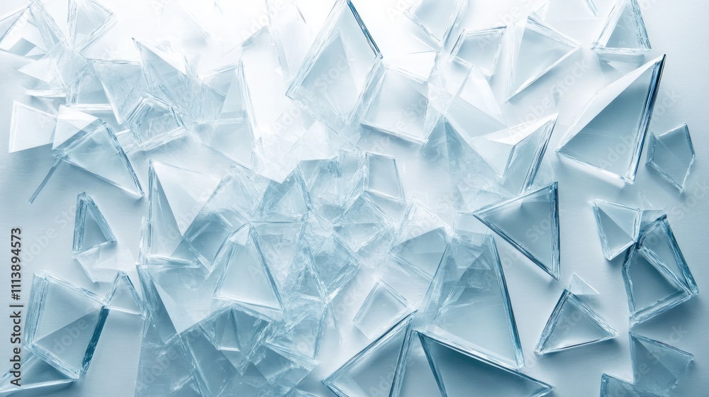 Shattered Glass Pieces Scattered On A Light Blue Background