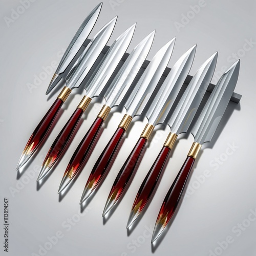 Glass throwing knives sculpture with gradient blades and ruby handles on light gray background, generative ai photo