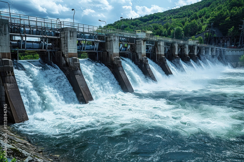 hydroelectric dams with a cascade of water pouring through their turbines hydroelectric dams with a cascade of water pouring through their turbines