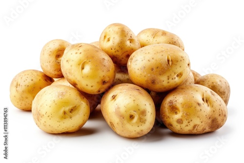 Close up of potatoes on white background.