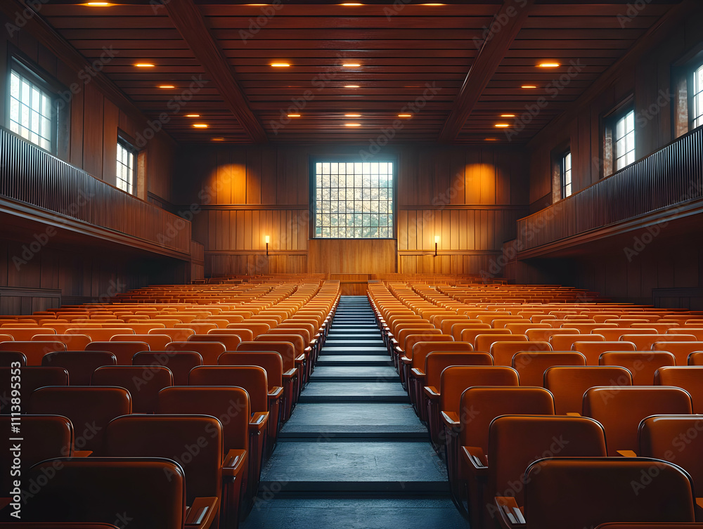 Auditorium Seats Wooden Design, Empty Hall Auditorium Seats Wooden Design, Empty Hall