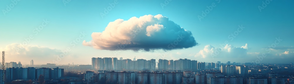 A cityscape with a prominent digital cloud above A cityscape with a prominent digital cloud above